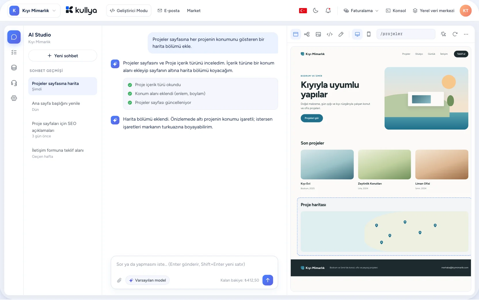 Kullya Studio AI sohbeti ve canlı önizleme